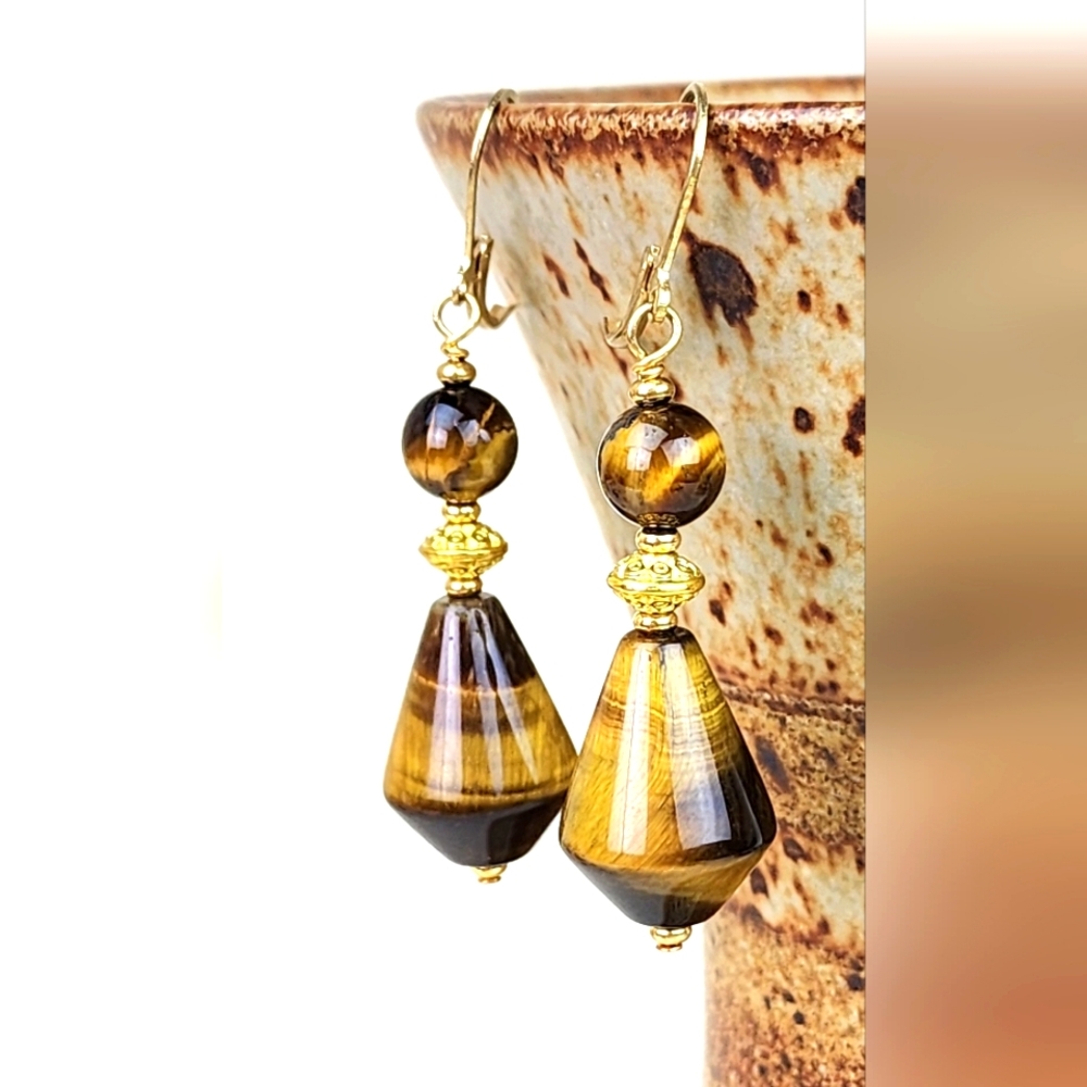 Stunning Tiger Eye Dangle Earrings,‎ Natural Stone, Handmade, Statement Earrings